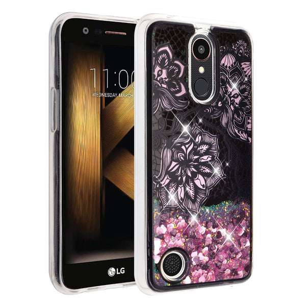 lg k20 plus  liquid sparkle quicksand case - clear pink flower - www.coverlabusa.com