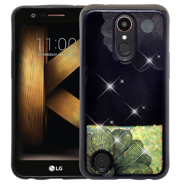 lg k20 plus  liquid sparkle quicksand case - black flower - www.coverlabusa.com
