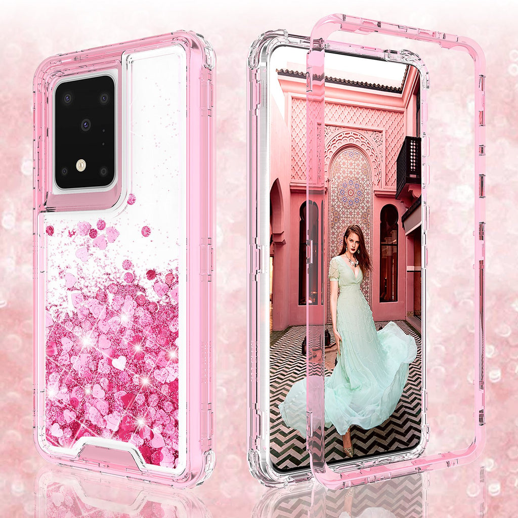 Samsung Galaxy S20 Ultra Case,Hard Clear Glitter Sparkle Flowing Liquid  Heavy Duty Shockproof Three Layer Protective Bling Girls Women Cases for