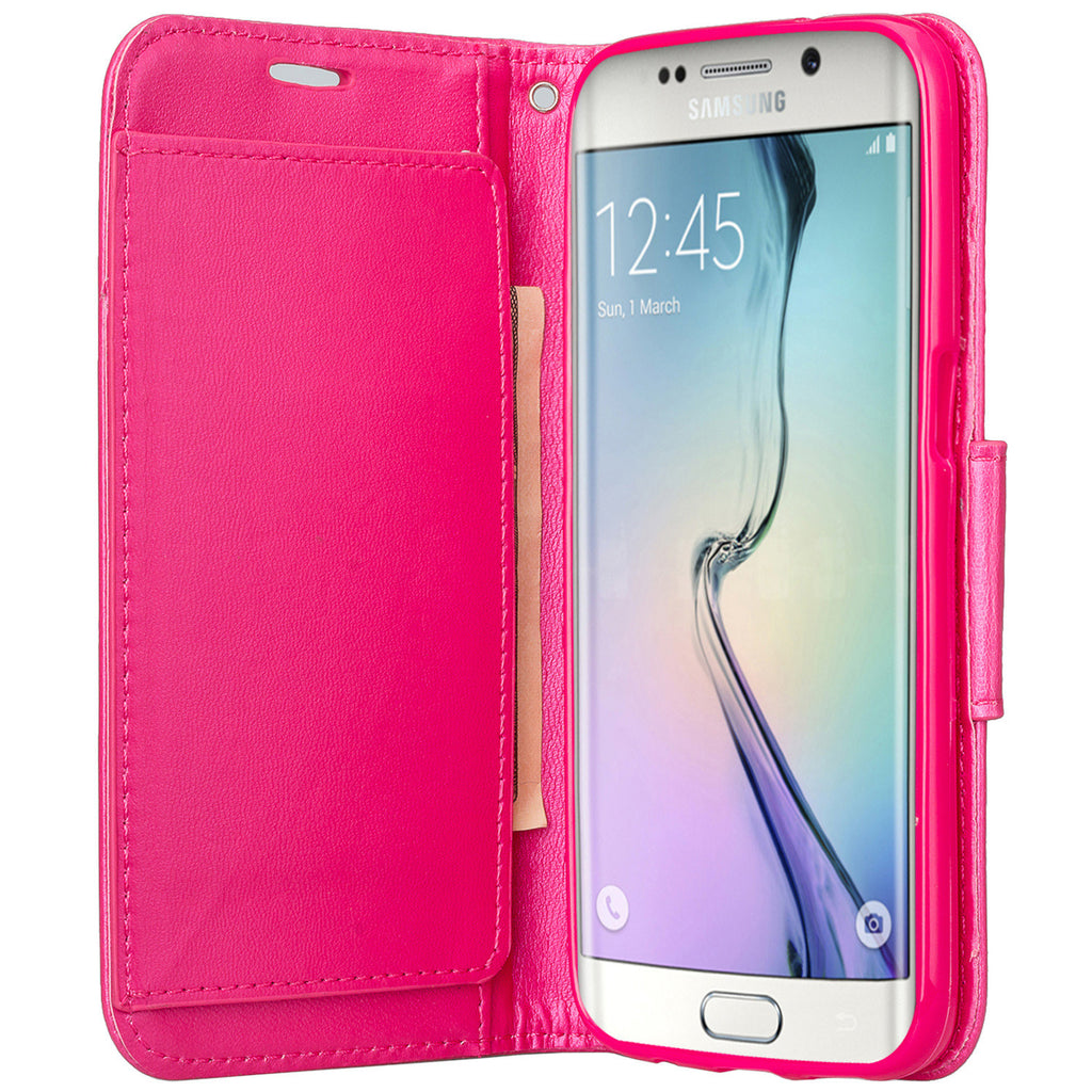 Samsung Galaxy S7 Edge Wallet Case, Wrist Strap Pu Leather Magnetic Flip  Fold[Kickstand] with ID & Card Slots for Galaxy S7 Edge - Solid Hot Pink