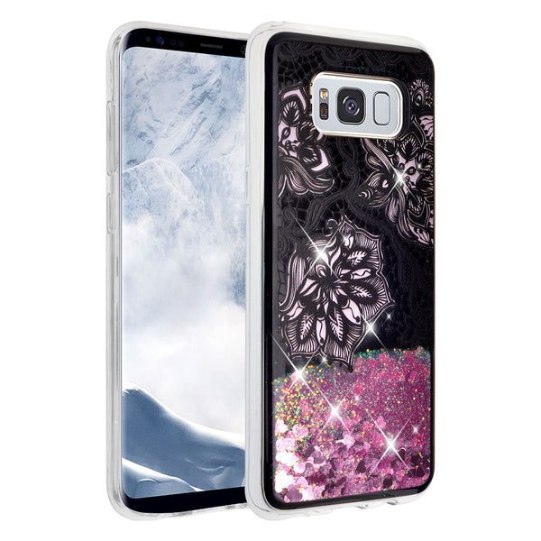 Samsung Galaxy S8 Plus Luxury Bling Liquid Glitter Case, Sparkle Quicksand Case Cover - Pink Flower Pink