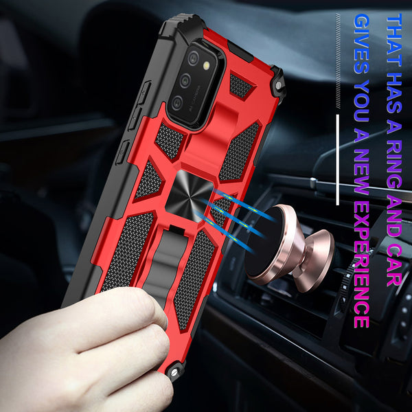 ring car mount kickstand hyhrid phone case for samsung galaxy a02s - red - www.coverlabusa.com