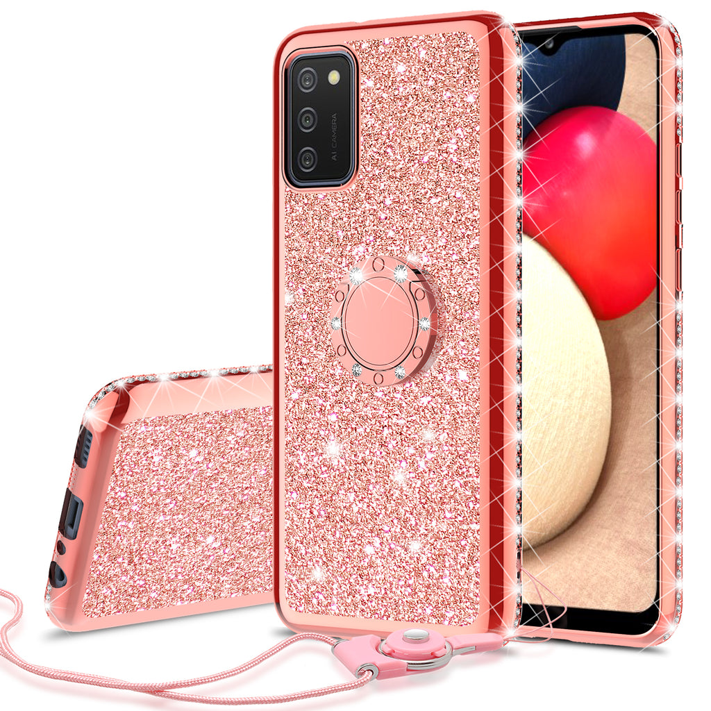 A02S for Samsung Galaxy A02S Case Luxury Square Box Design Cute Gold Bling  Glitter Rose Flower Soft Trunk Cover with Ring Kickstand Women Phone