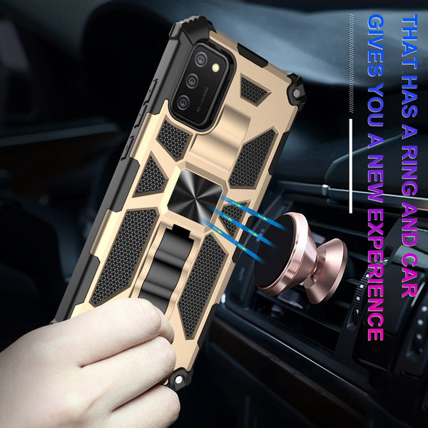 ring car mount kickstand hyhrid phone case for samsung galaxy a02s - gold - www.coverlabusa.com