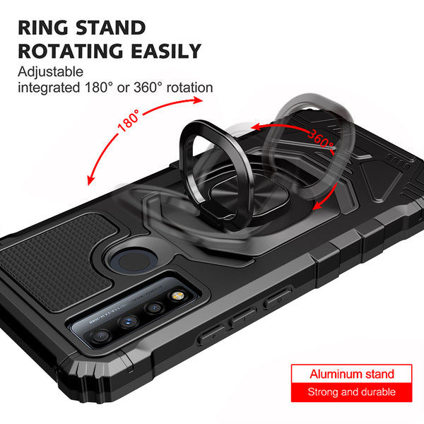 ring car mount kickstand hyhrid phone case for tcl 20 xe - black - www.coverlabusa.com