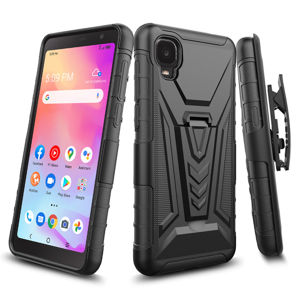 holster kickstand hyhrid phone case for tcl a3 - black - www.coverlabusa.com