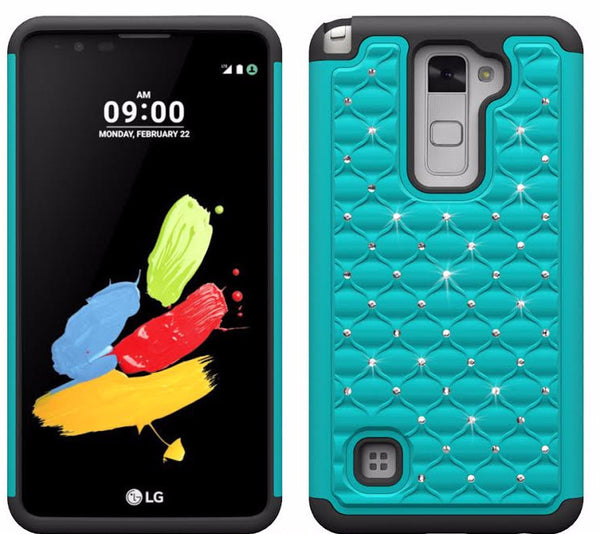 LG Stylo 2 Case, LG Stylo 2 V Diamond Rhinestone Dual Layered Slim Hybrid Case - Teal/Black - www.coverlabusa.com