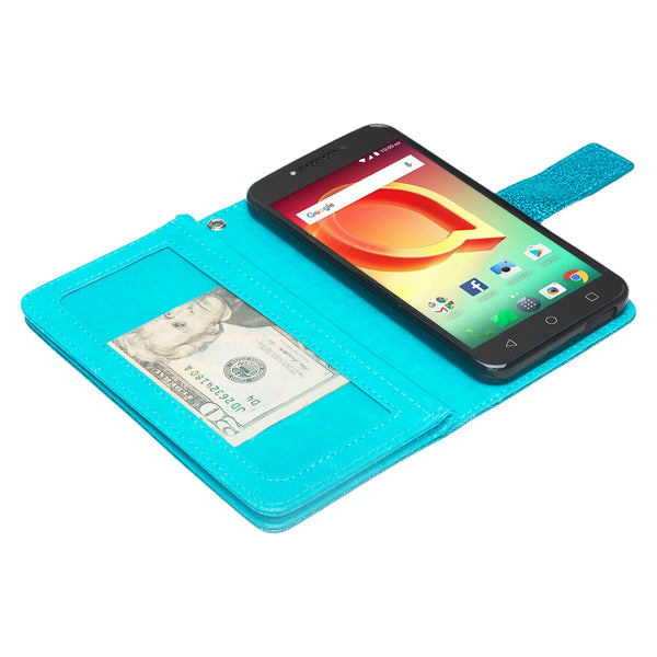 Alcatel A30 Plus Glitter Wallet Case - Teal - www.coverlabusa.com