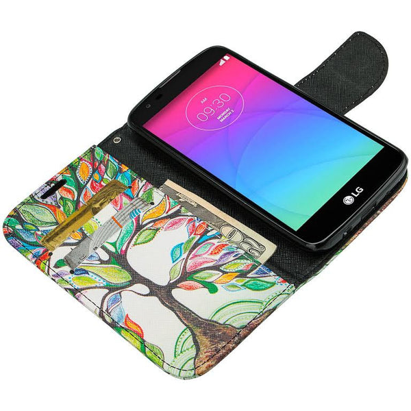 LG K7 / Tribute 5 / Treasure Wallet Case, Wrist Strap [Kickstand] Pu Leather Wallet Case with ID & Credit Card Slots - colorful tree www.coverlabusa.com