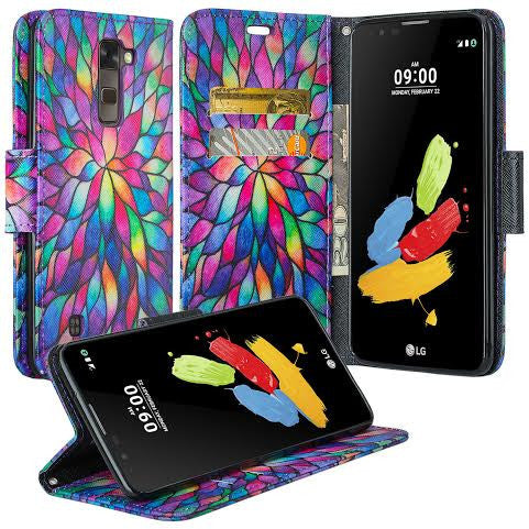 LG K7 / Tribute 5 / Treasure Wallet Case, Wrist Strap [Kickstand] Pu Leather Wallet Case with ID & Credit Card Slots - Rainbow