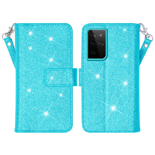 samsung galaxy s21 ultra glitter wallet case - teal - www.coverlabusa.com