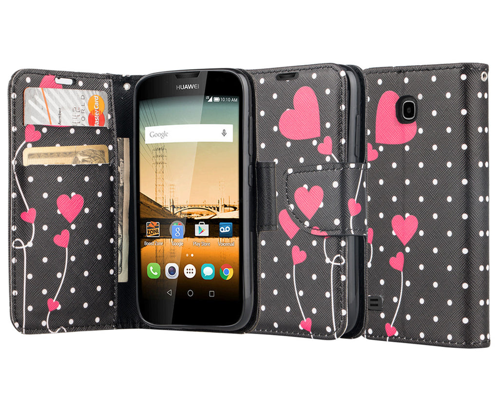 Huawei Union Wallet Case [Card Slots + Money Pocket + Kickstand] and Strap - Polka Dot Hearts