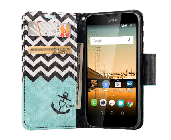 Huawei Union Wallet Case [Card Slots + Money Pocket + Kickstand] and Strap - Teal Anchor
