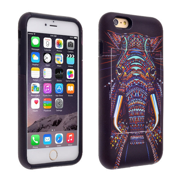 Apple iPhone 6/6s Plus Dual Layer Credit Card Hybrid Case With Design, ID Holder with Kickstand - tribal elephant - www.coverlabusa.com