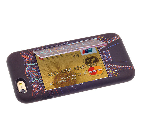 Apple iPhone 6/6s Plus Dual Layer Credit Card Hybrid Case With Design, ID Holder with Kickstand - tribal elephant - www.coverlabusa.com