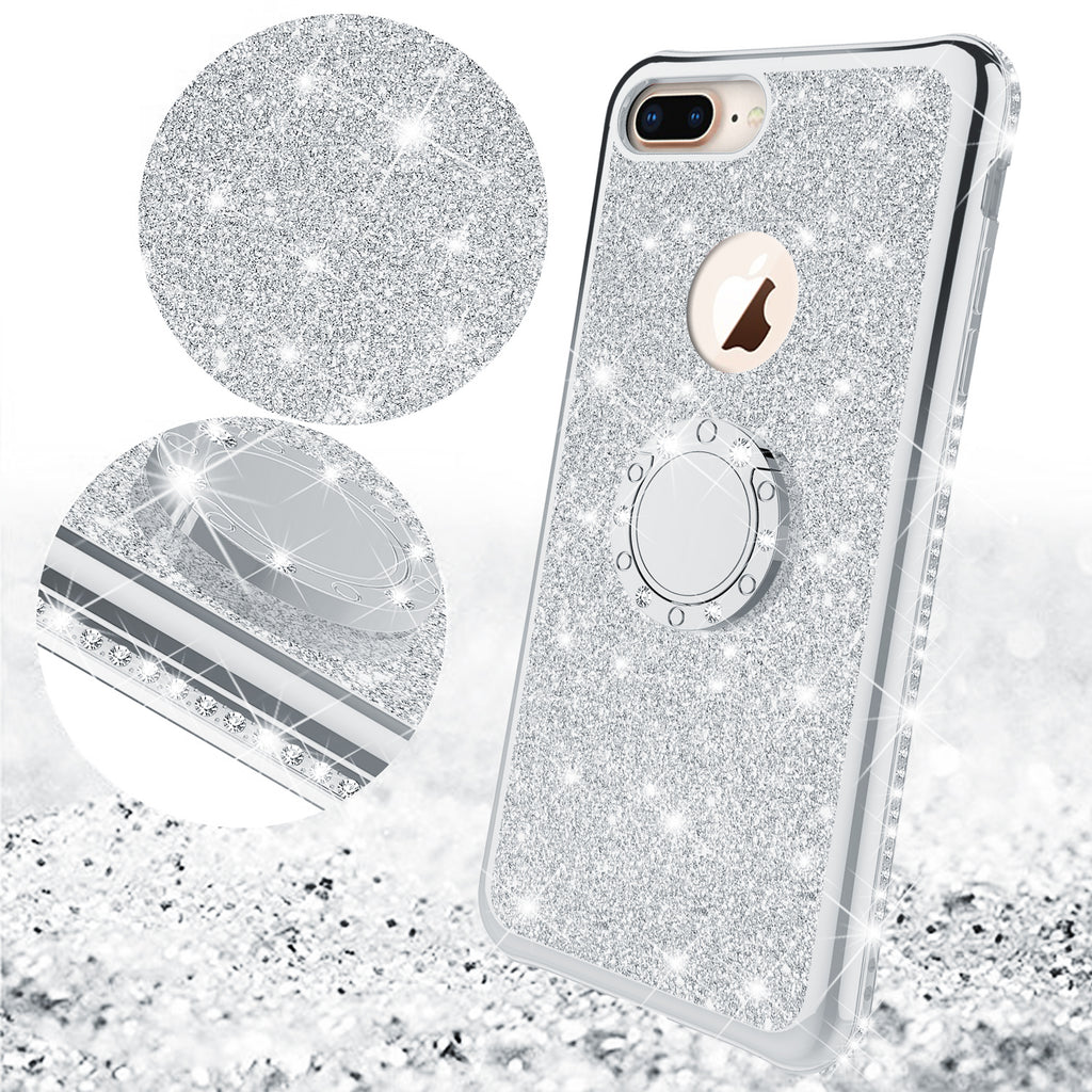 Coverlab Iphone 7 Plus Case, Iphone 8 Plus Case, Liquid Floating Quicksand Glitter Phone Case Girls Kickstand,bling Diamond Bumper Ring Stand Protecti