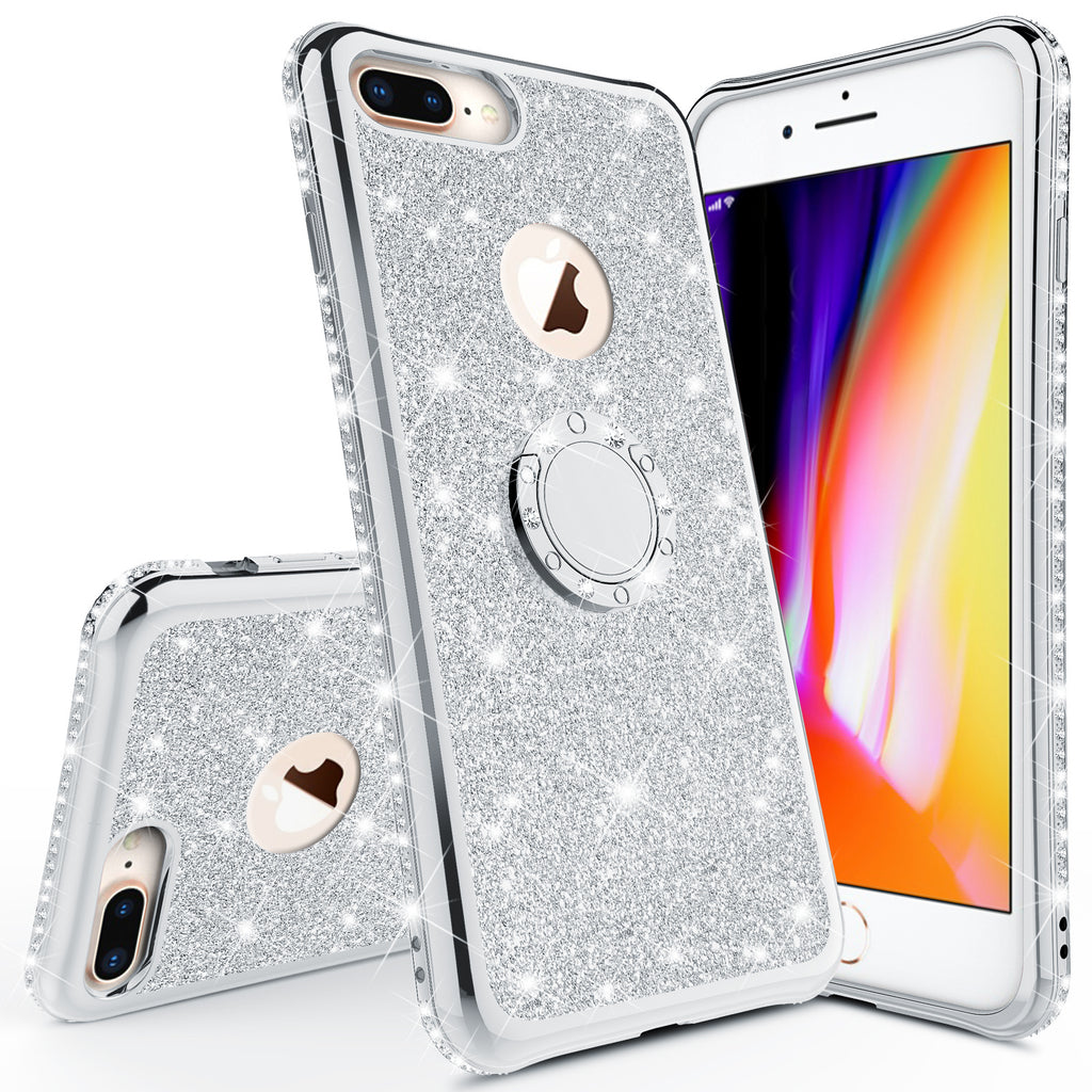 Apple iPhone 8 Plus Case, Glitter Cute Phone Case Girls with  Kickstand,Bling Diamond Rhinestone Bumper Ring Stand Sparkly Luxury Clear  Thin Soft
