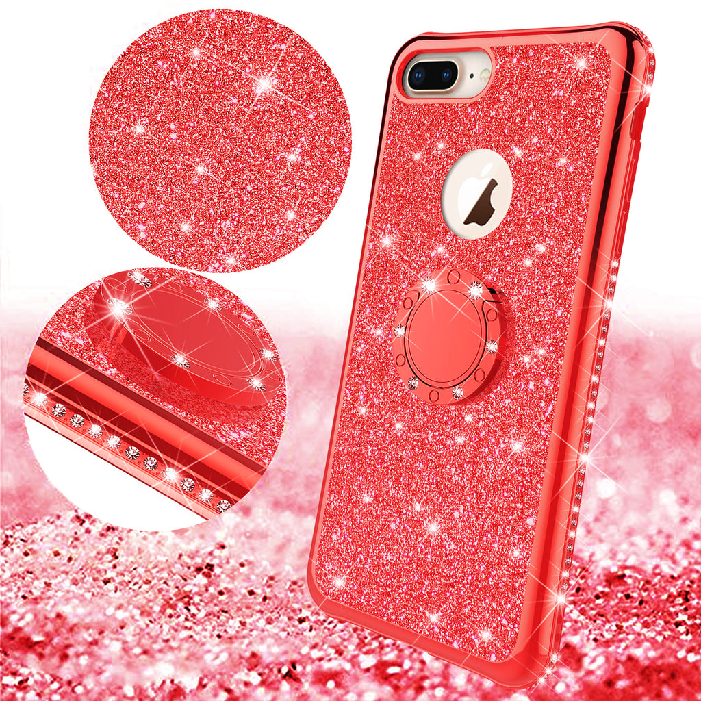 For iPhone 8 Plus/ 7 Plus Glitter Cute Phone Case Girls with Kickstand  Black