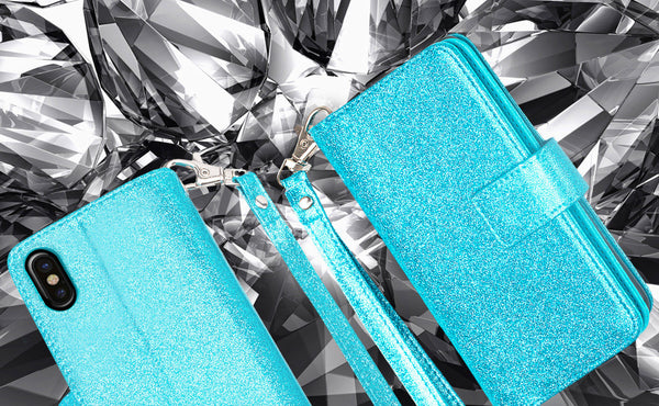 apple iphone x, iphone 10 glitter wallet case - teal - www.coverlabusa.com