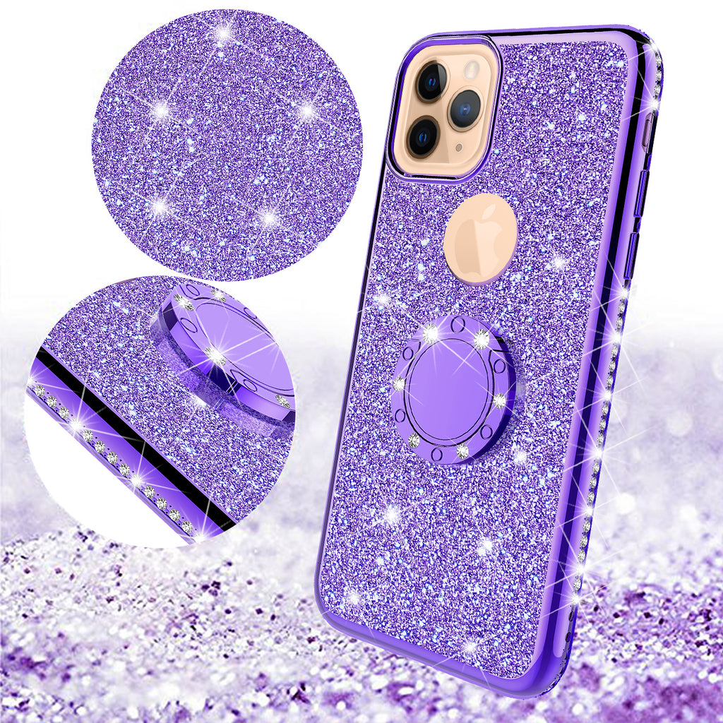 For iPhone 11 Pro Max Glitter Cute Phone Case Girls with Kickstand Pink