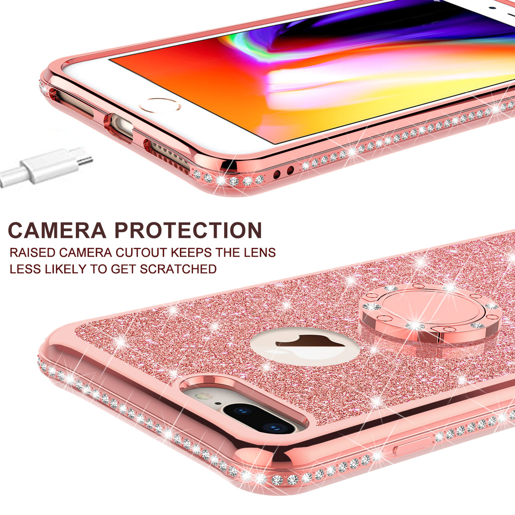 Apple iPhone 7 Plus Case, Glitter Cute Phone Case Girls with  Kickstand,Bling Diamond Rhinestone Bumper Ring Stand Sparkly Luxury Clear  Thin Soft