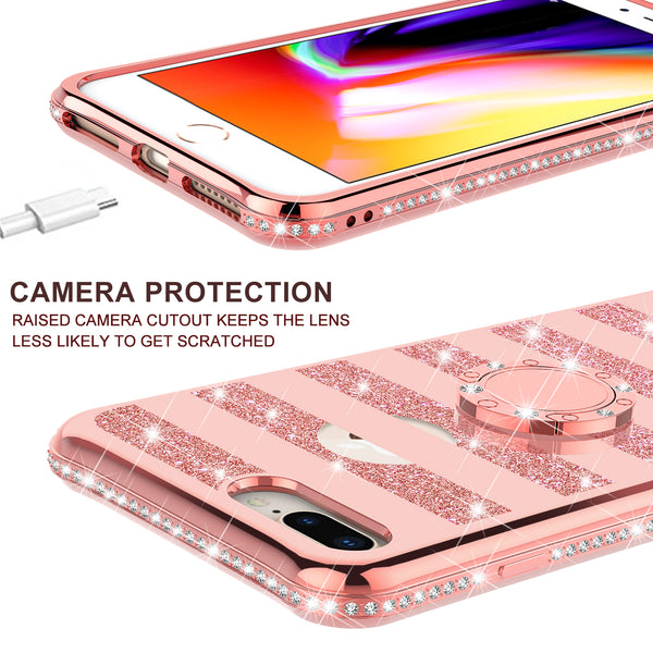 apple iphone 8 plus glitter bling fashion 3 in 1 case - rose gold stripe - www.coverlabusa.com