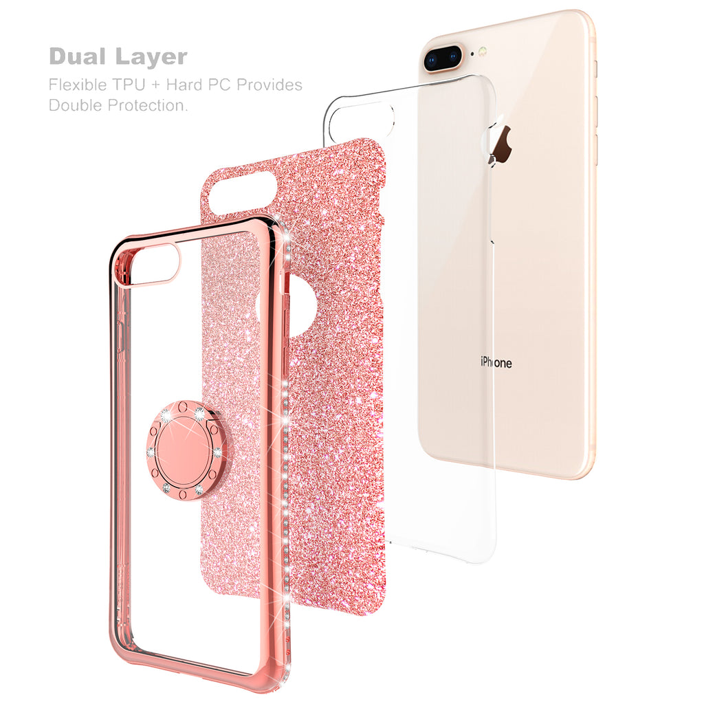 Omorro for iPhone 8 Plus/iPhone 7 Plus Case for Women Ring Holder, 360 TPU  Rotation Kickstand Rings Cases with Stand Glitter Plating Rose Gold Slim
