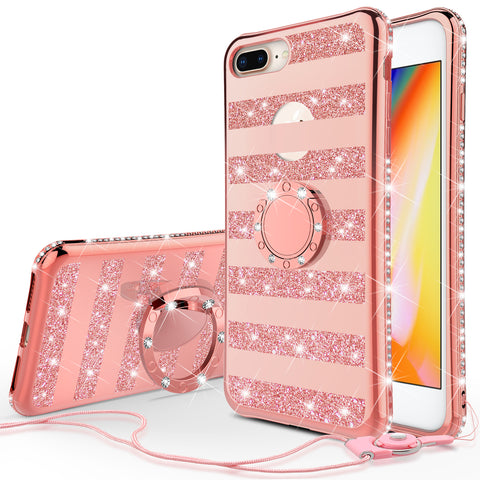 iPhone 8 Plus Case,iPhone 7 Plus Case Phone Case Girls Women Kickstand,  Cute Bling Diamond Rhinestone Bumper Ring Stand Protective Clear iPhone 8  Plus/ 7 Plus - Rose Gold Stripe 