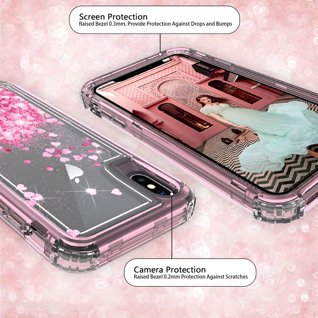 Apple iPhone XS / Apple iPhone X Sparkling Glitter Liquid Floating Hearts  Stars With Diamonds Case Cover Pink Purple