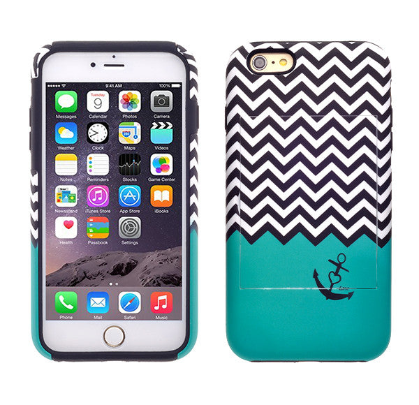 Apple iPhone 6/6s Plus Dual Layer Credit Card Hybrid Case With Design, ID Holder with Kickstand - Teal Anchor - www.coverlabusa.com