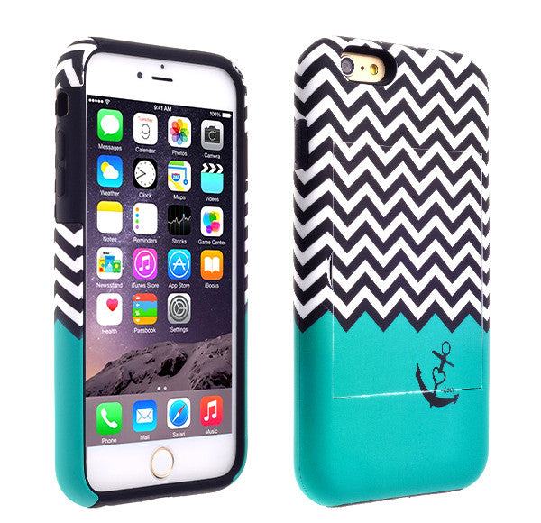 Apple iPhone 6/6s Plus Dual Layer Credit Card Hybrid Case With Design, ID Holder with Kickstand - Teal Anchor - www.coverlabusa.com