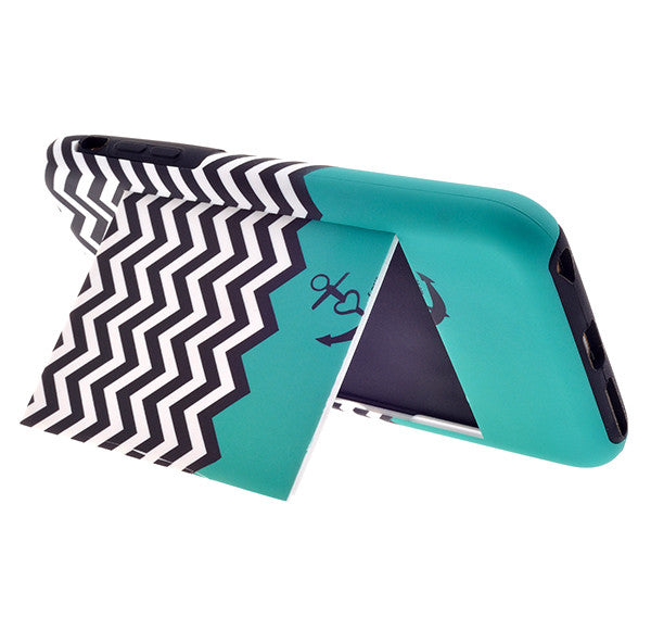 Apple iPhone 6/6s Plus Dual Layer Credit Card Hybrid Case With Design, ID Holder with Kickstand - Teal Anchor - www.coverlabusa.com