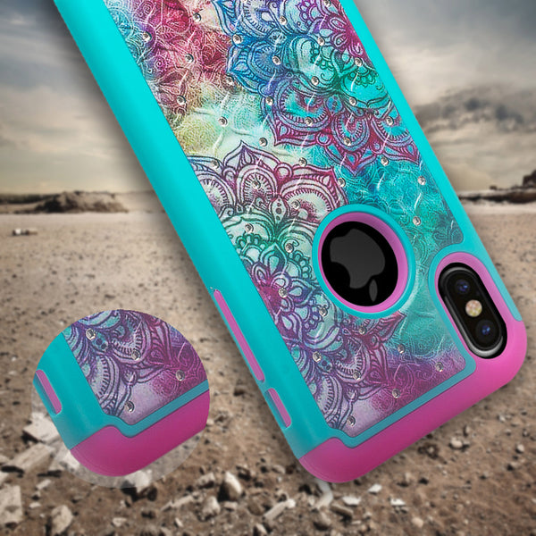 apple iphone x case crystal rhinestone - teal flower - www.coverlabusa.com