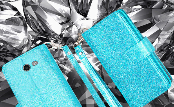 Samsung Galaxy J3 Emerge | J3 (2017) | J3 Prime | Samsung SM-J327P Glitter Wallet Case - Teal - www.coverlabusa.com