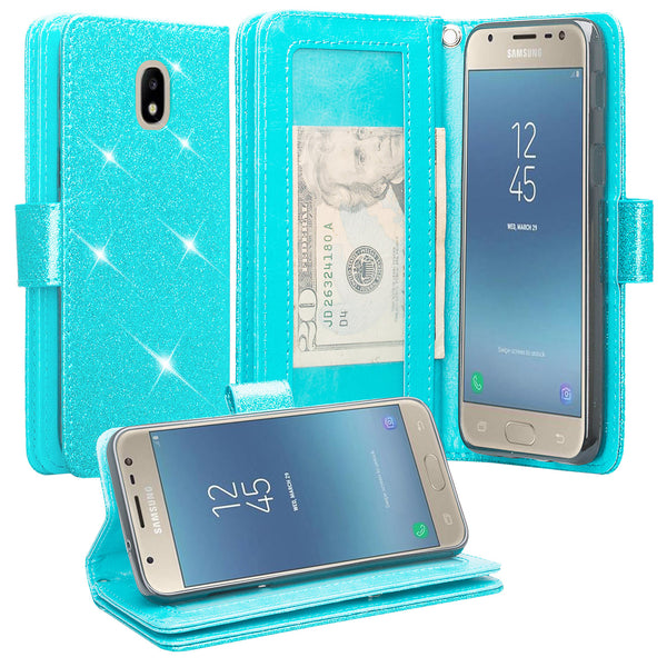 Samsung Galaxy J7 (2018) Glitter Wallet Case - Teal - www.coverlabusa.com