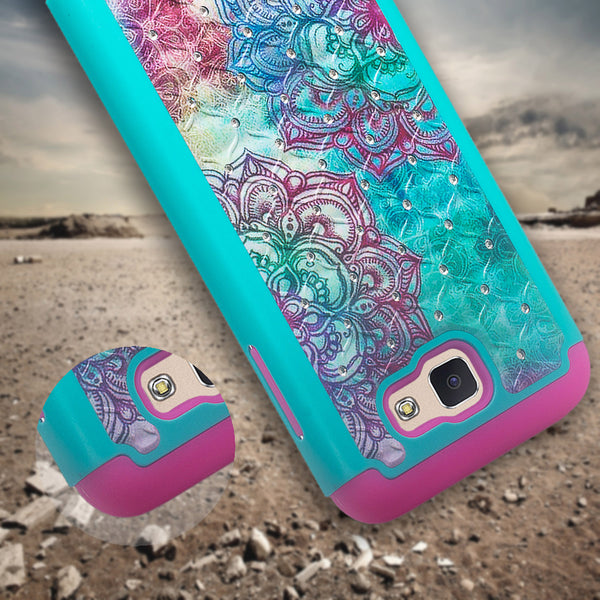 galaxy j7 prime diamond rhinestone case - teal flower - www.coverlabusa.com