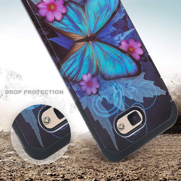 Samsung Galaxy J7 (2017) / J7 Sky Pro / J7 Perx / J7 V Case, Slim Hybrid [Shock/Impact Resistant] Dual Layer Protective Case Cover for Galaxy J7 (2017) - Blue Butterfly