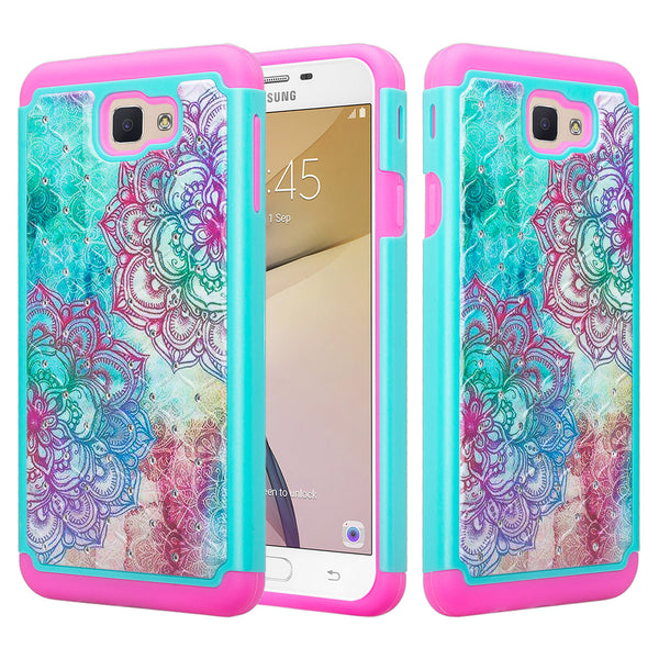 galaxy j7 prime diamond rhinestone case - teal flower - www.coverlabusa.com