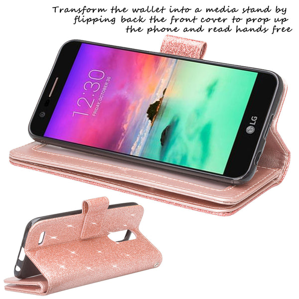 LG K10 (2018), K10+, K10a Glitter Wallet Case - Rose Gold - www.coverlabusa.com