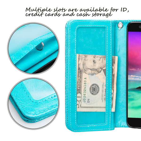  LG K10 (2018) , K10+, K10a Glitter Wallet Case - Teal - www.coverlabusa.com