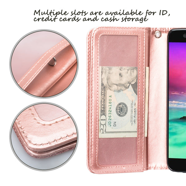 LG K10 (2018), K10+, K10a Glitter Wallet Case - Rose Gold - www.coverlabusa.com