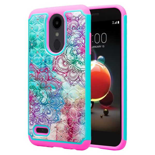 lg aristo 2 case crystal rhinestone - teal flower - www.coverlabusa.com