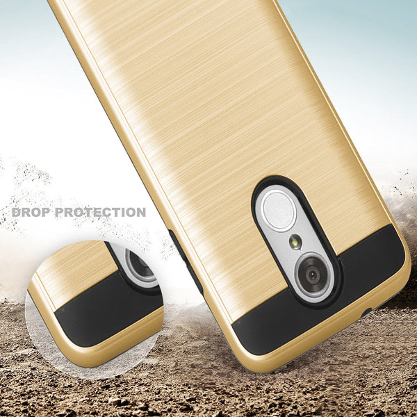 LG Aristo 2 Plus Case, Aristo 2, LG Tribute Dynasty, Rebel 3, Zone 4, LG Tribute Dynasty, Slim Hybrid EZ Grip Dual Layer[Shock Resistant] Metallic Brush Armor Case Cover - Gold