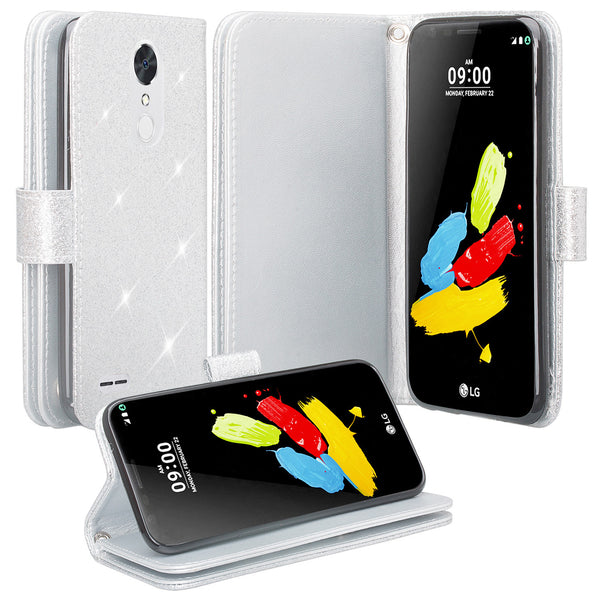 LG K20 Plus Case, LG K20 V, K10 2017 Glitter Wallet Case - Silver - www.coverlabusa.com
