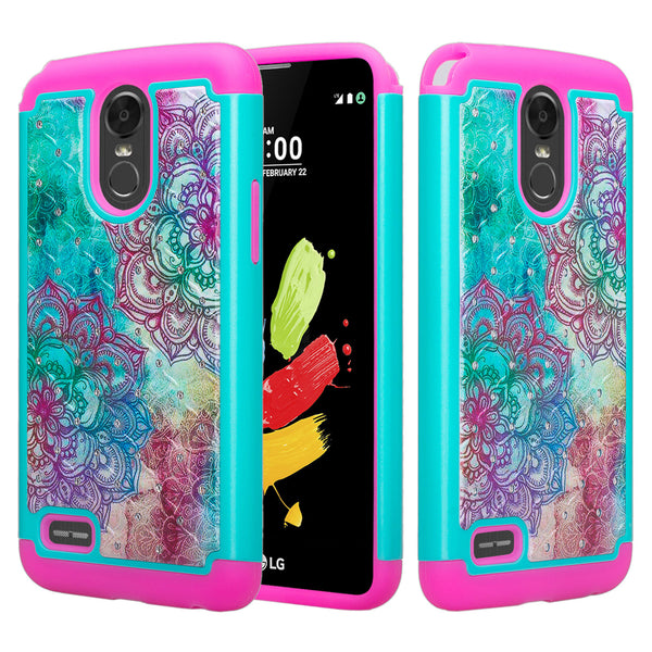 lg stylo 3 crystal rhinestone hybrid case - teal flower - www.coverlabusa.com