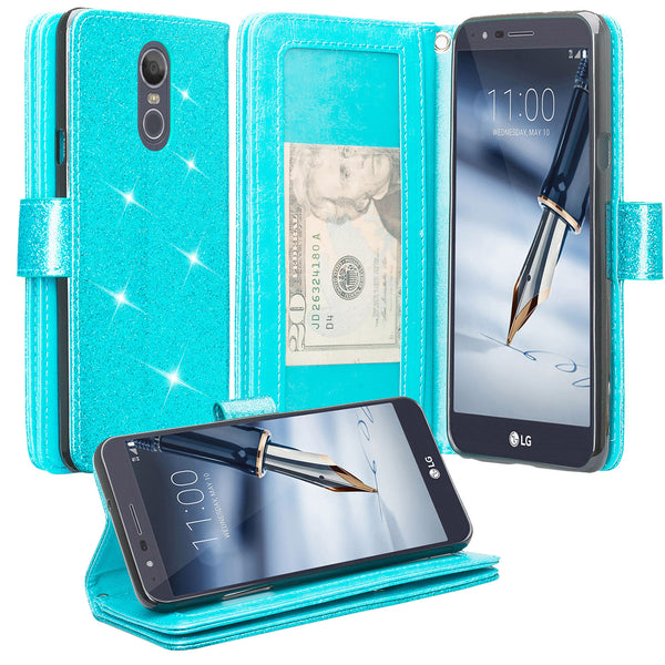 LG Stylo 4 Glitter Wallet Case - Teal - www.coverlabusa.com