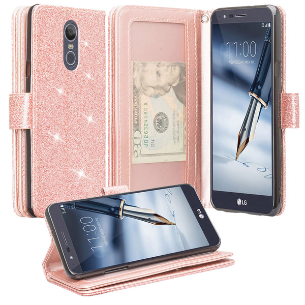 LG Stylo 4 Glitter Wallet Case - Rose Gold - www.coverlabusa.com