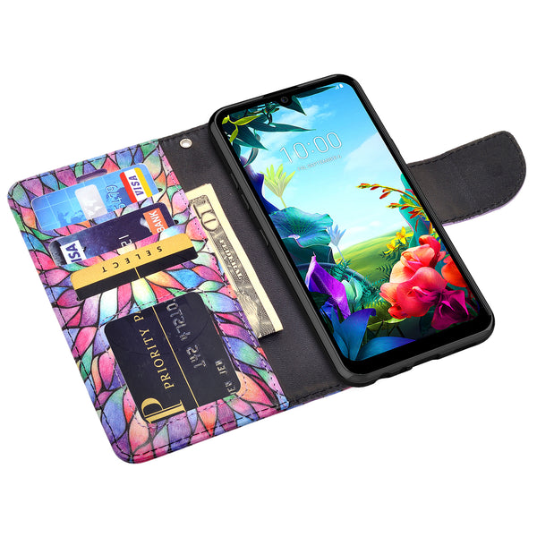 LG Harmony 4 Case, LG K40S Wallet Case, Wrist Strap Pu Leather Wallet Case [Kickstand] with ID & Credit Card Slots - Rainbow Flower