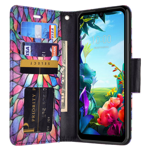 LG Harmony 4 Case, LG K40S Wallet Case, Wrist Strap Pu Leather Wallet Case [Kickstand] with ID & Credit Card Slots - Rainbow Flower