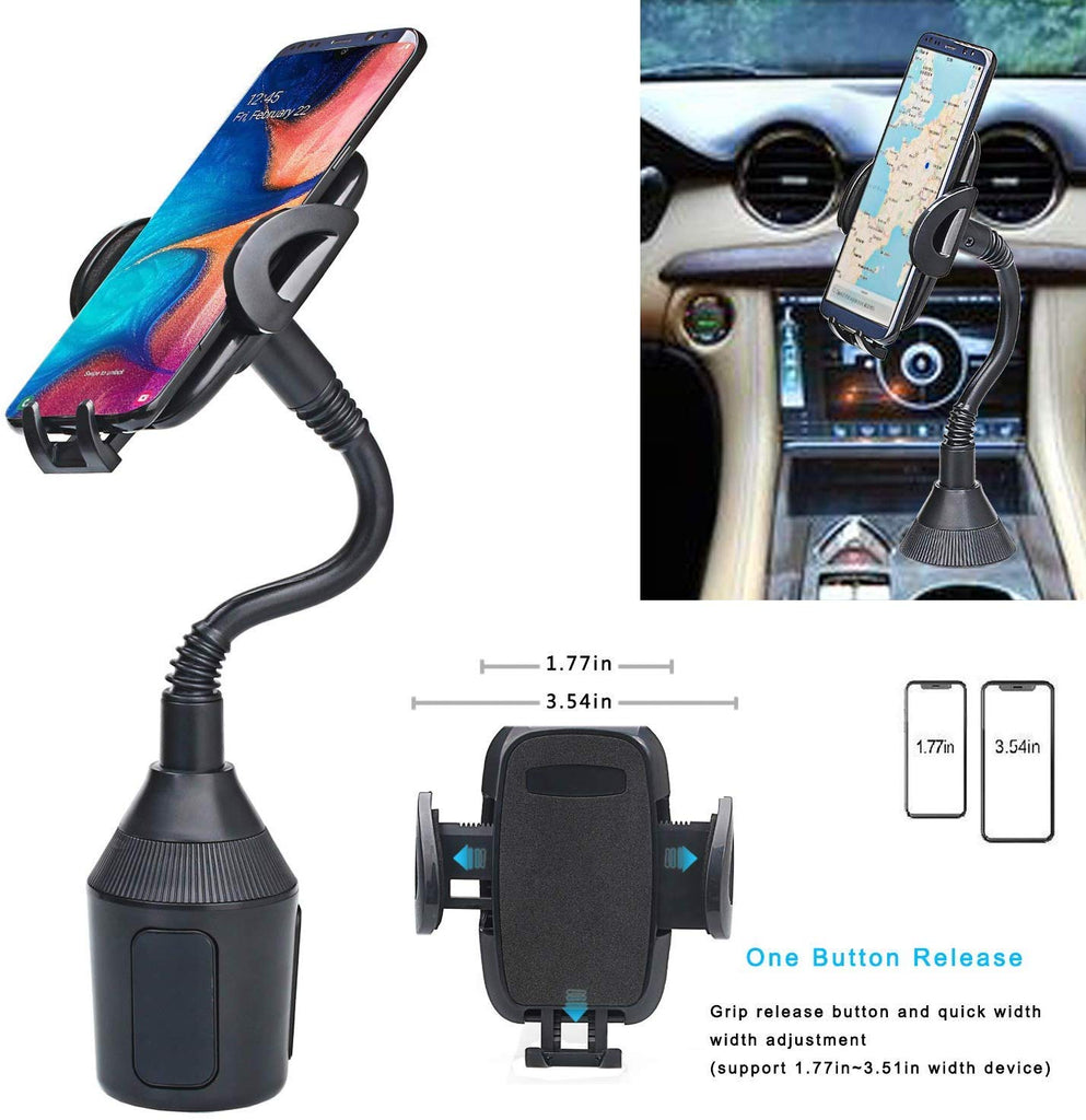 Car Cup Holder Phone Mount with Goose Neck & 360° Rotatable Cradle